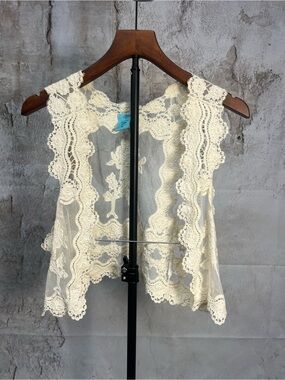 h.i.p. Ivory Floral Lace Open Front Vest Cardigan Boho Crochet Cotton Medium